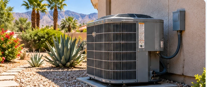 Outdoor residential air conditioning unit in a desert landscape